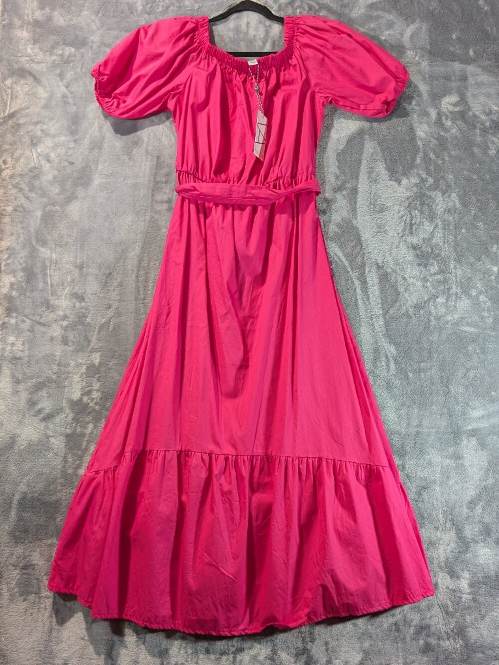 NWT Barbiecore Fuchsia 100% Cotton Tiered Puff Sleeve Maxi Dress L - Vasna